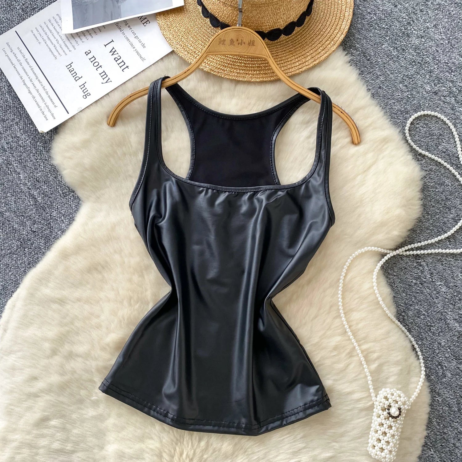 PU Leather Sleeveless Square Neck Tank Top – Women’s Club-wear