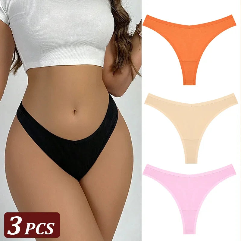 Woman wearing black thong with inset images of orange, beige, and pink thongs.