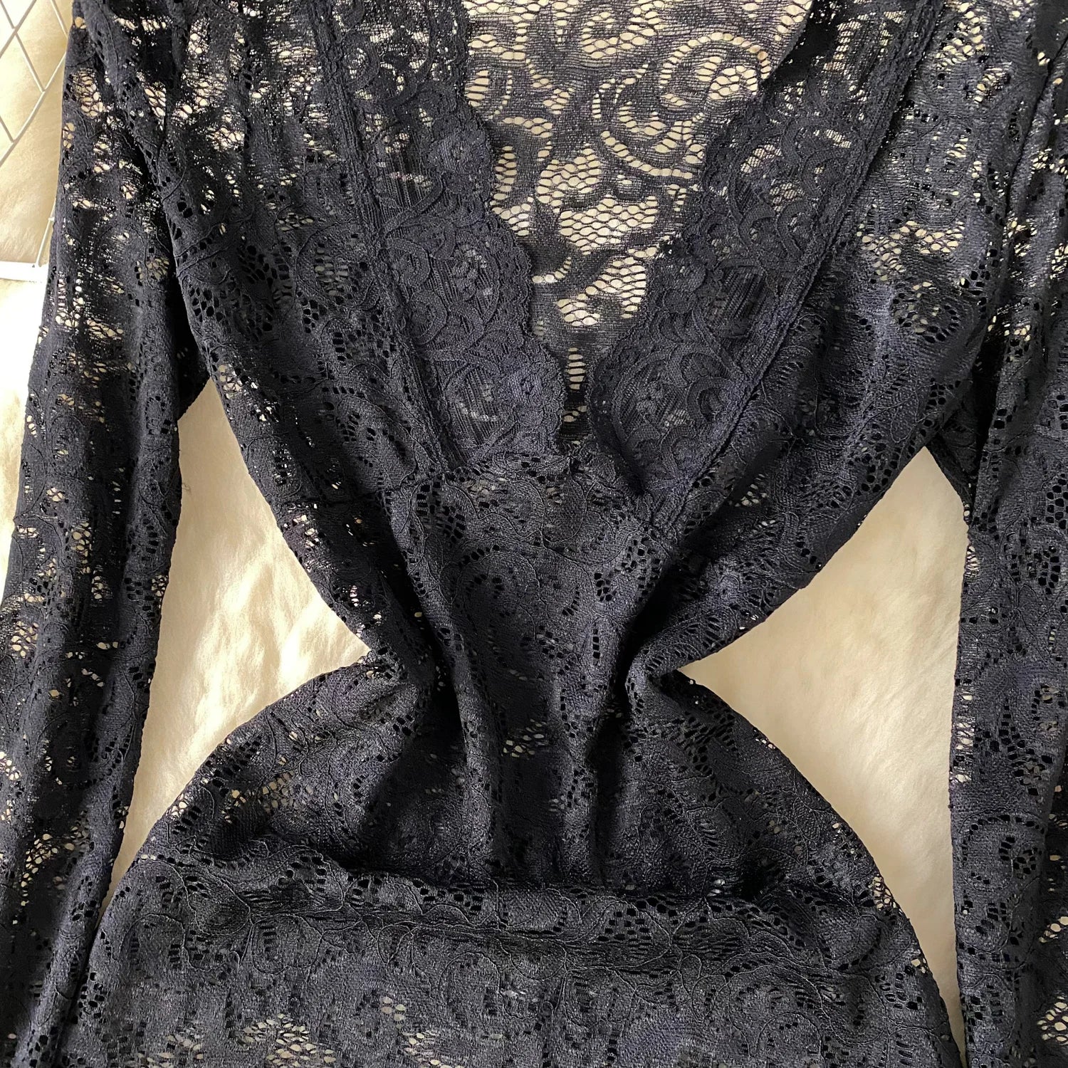 Sexy Sheer Lace Ruffle Dress – V-Neck & Long Sleeve Midi