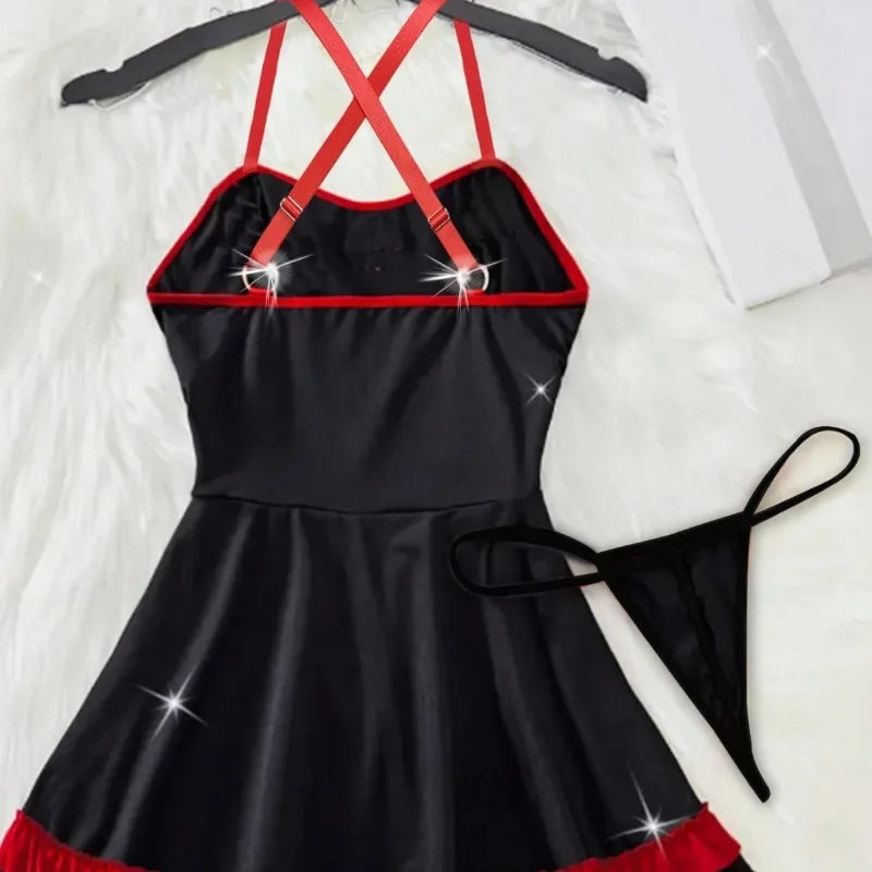 Black dress with red accents on a white background