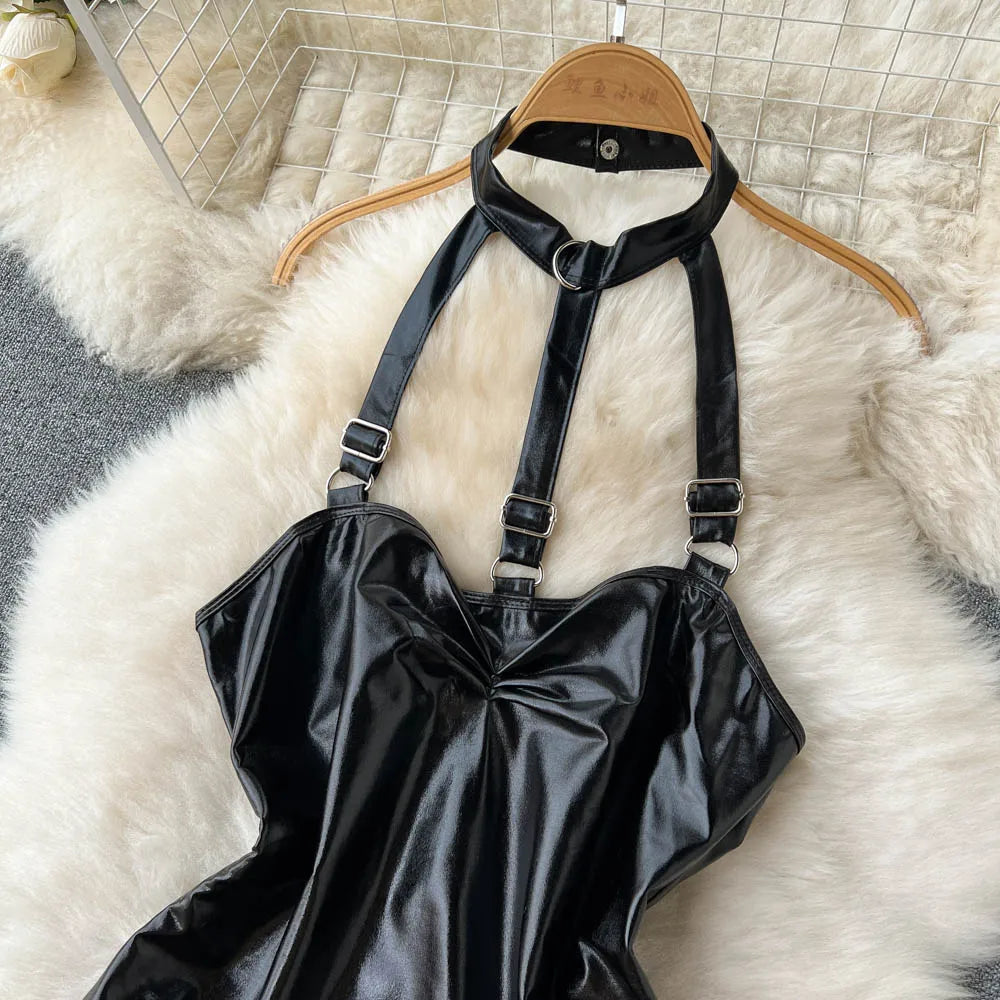Luxury PU Leather Halter Backless Bodysuit – Sleek Hollow-Out Seduction