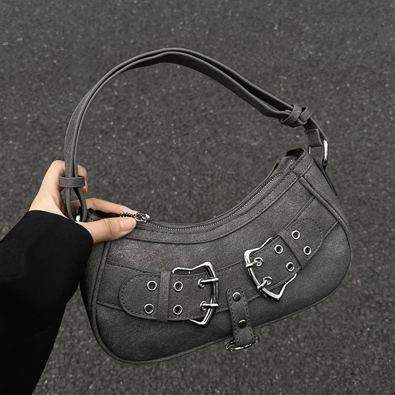 Cool Grey Vintage Shoulder Bag – Grunge-Inspired Designer Handbag for Women