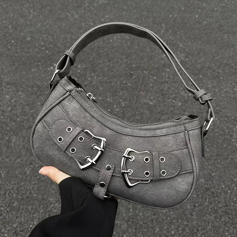 Cool Grey Vintage Shoulder Bag – Grunge-Inspired Designer Handbag for Women