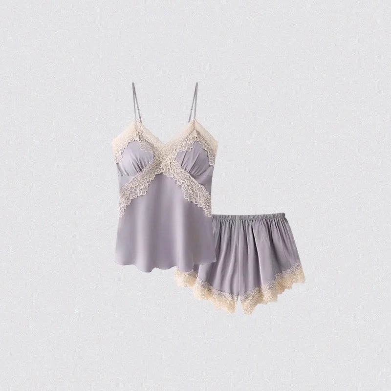 Gray lace-trimmed nightgown set on a light gray background