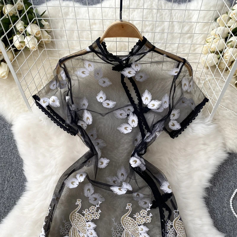 Chinese-Style Embroidered Sheer Lingerie Night Dress – Slim & Sexy