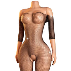 A mannequin torso wearing a sheer off-the-shoulder fishnet bodysuit with three-quarter sleeves and a large front cutout, shown against a plain white background.