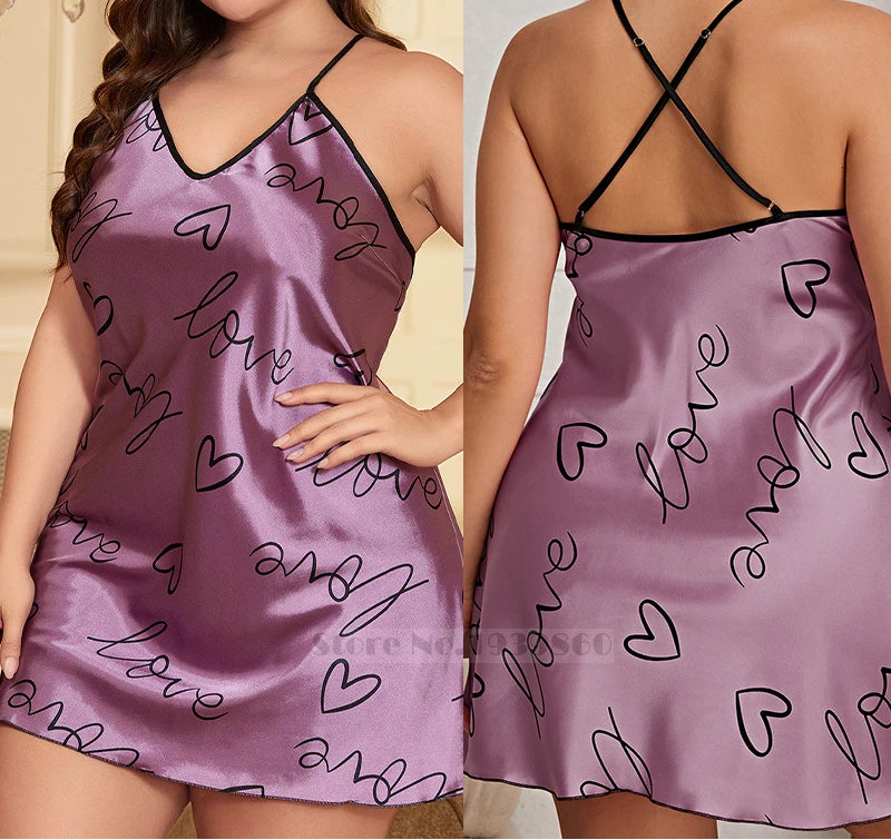 Purple satin nightgown with 'love' and heart patterns worn by a model.