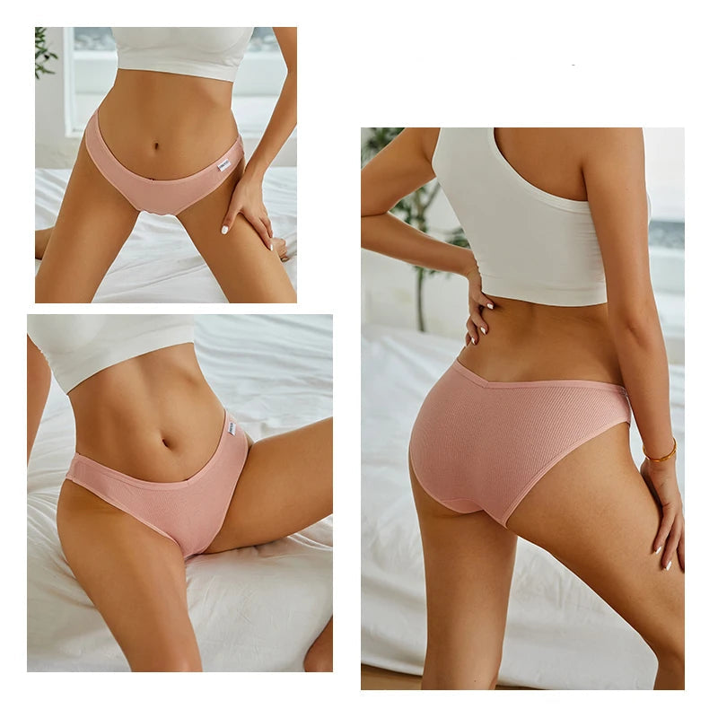 Collage of a person wearing pink underwear and a white top on a neutral background.