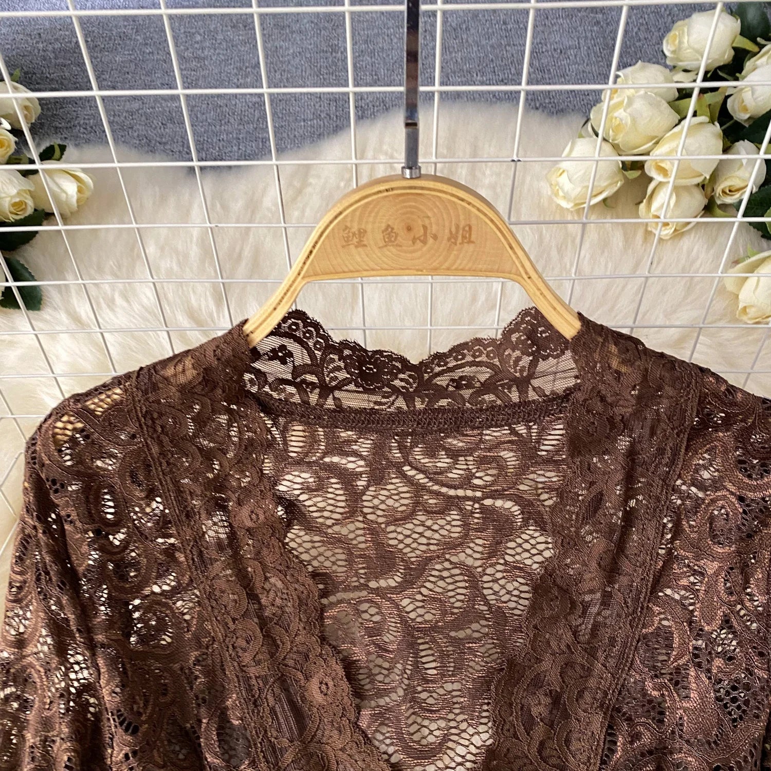 Sexy Sheer Lace Ruffle Dress – V-Neck & Long Sleeve Midi