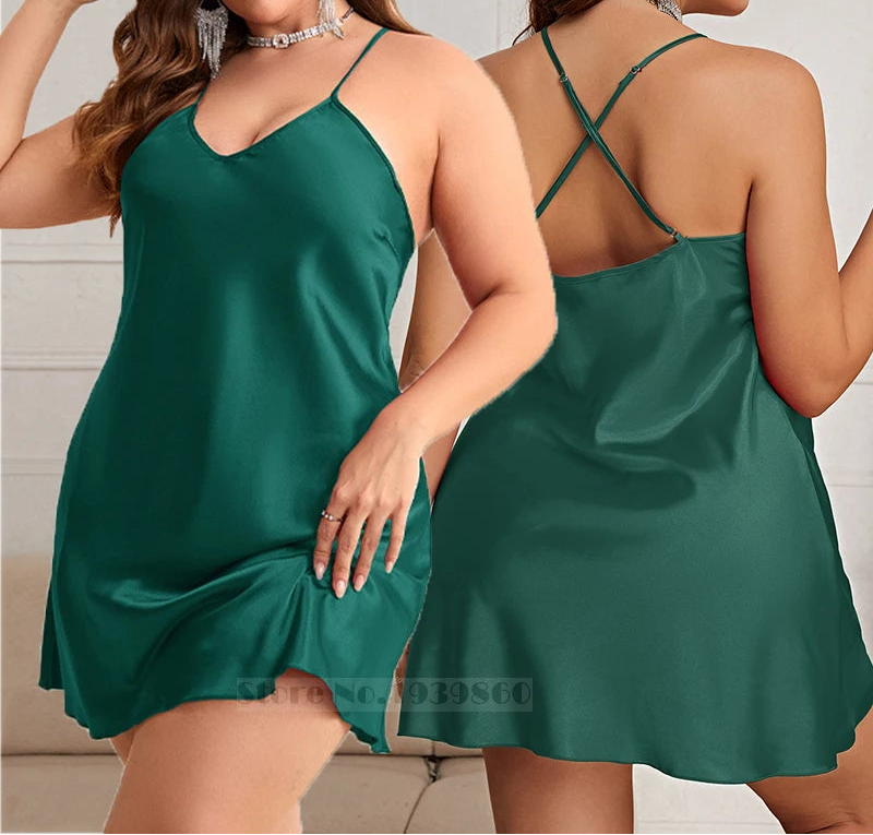 Green satin nightgown shown from front and back on a model.