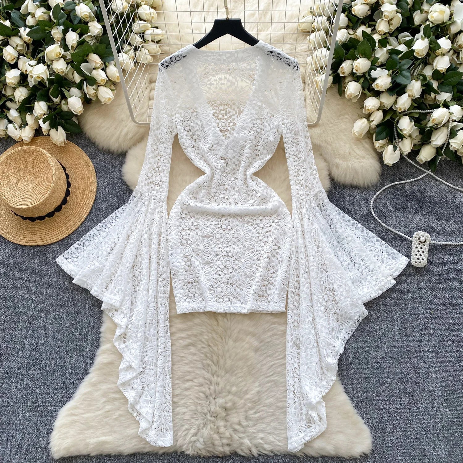 Lace Hollow Out Bodycon Dress – Flare Sleeve & Sheer V-Neck