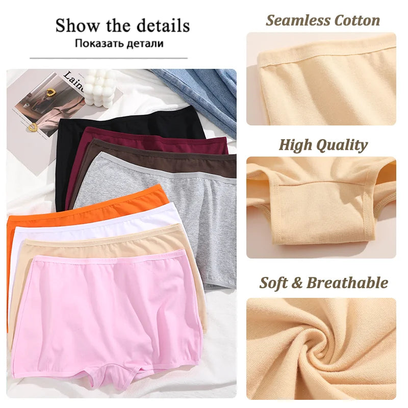 Collection of women's underwear in various colors with text highlighting features like 'Seamless Cotton', 'High Quality', and 'Soft & Breathable'.