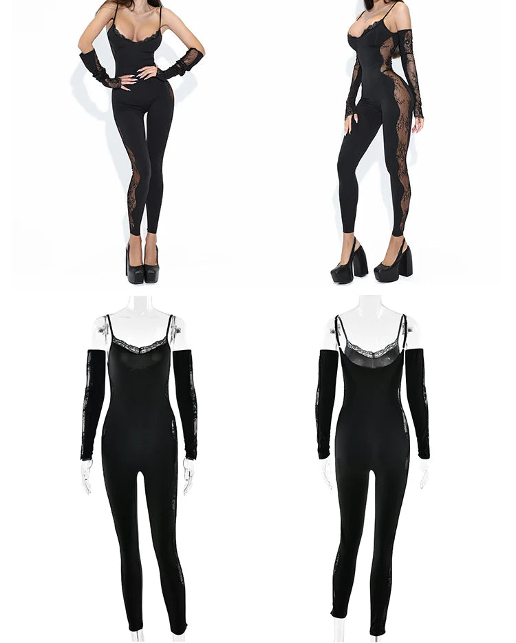 Black lace jumpsuit with long sleeves and sheer panels on a white background