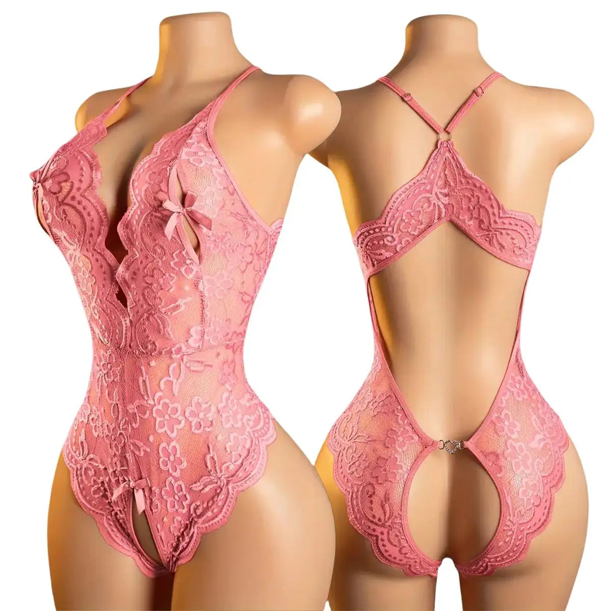 Pink lace lingerie set on mannequins with front and back views.
