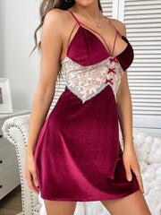 Wine Red Velvet Lace Nightgown – Sexy Backless Slip Dress