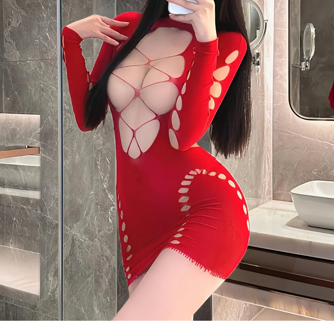 Person wearing a red dress with cut-out design in a bathroom setting