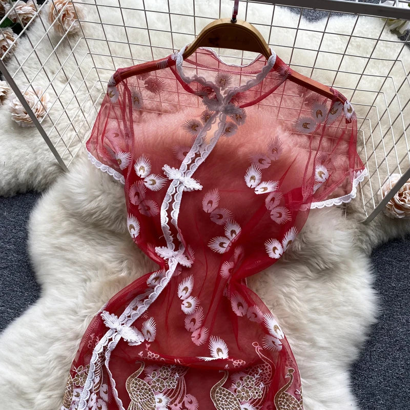 Chinese-Style Embroidered Sheer Lingerie Night Dress – Slim & Sexy
