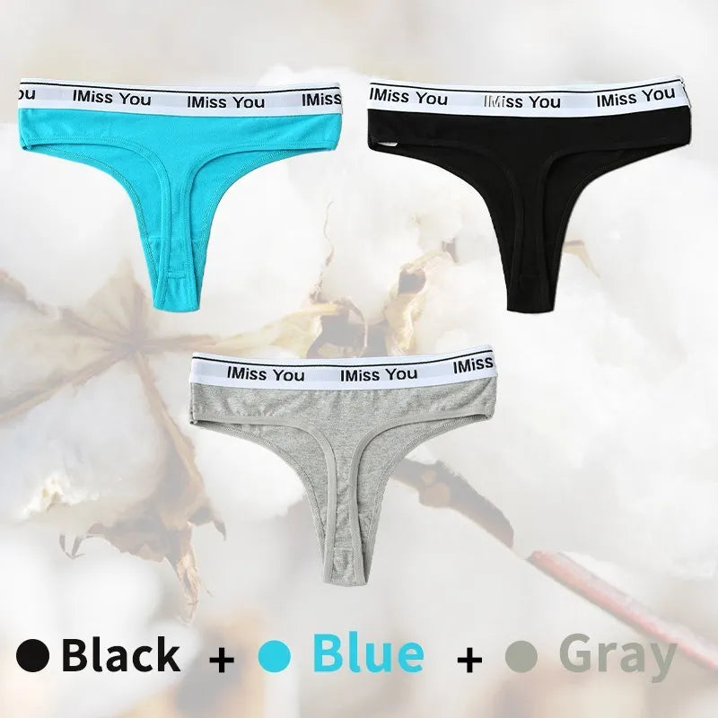Three pairs of men's underwear in black, blue, and gray with 'I Miss You' branding on a light background.