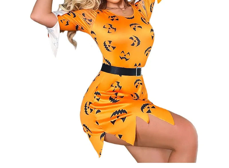 Orange Halloween dress with black pumpkin patterns on a white background