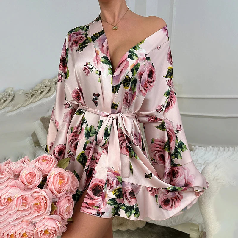 Women's Satin Robe & Nightgown Set - Pink Rose Print