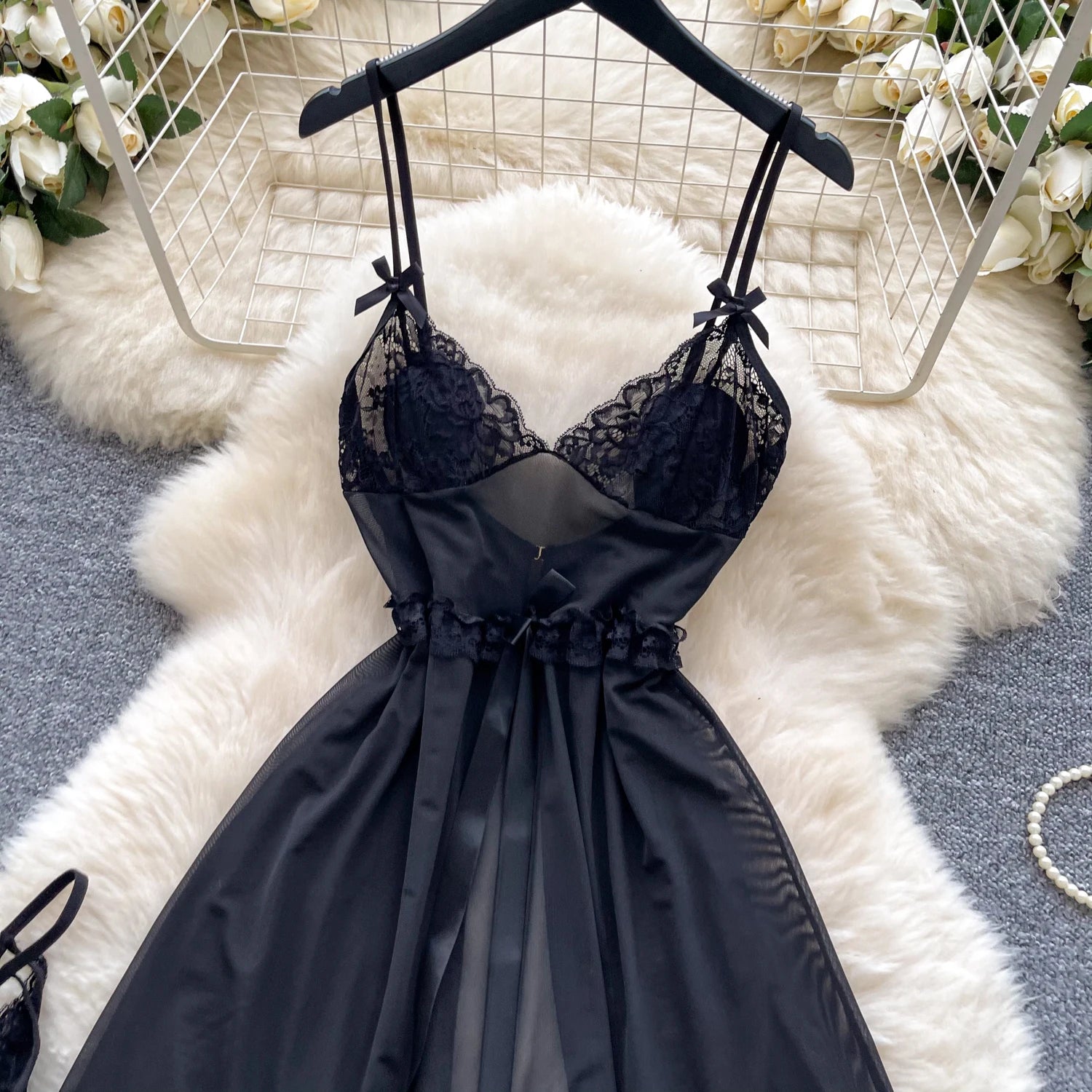Irregular Mesh Lace Spliced Nightgown – Women’s Sheer Sleepwear Dress