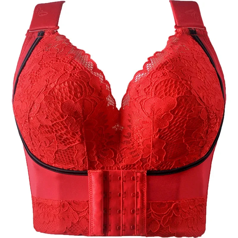 Red lace bra on a white background