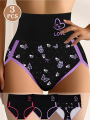 Black underwear with butterfly pattern and purple accents, displayed on a person.