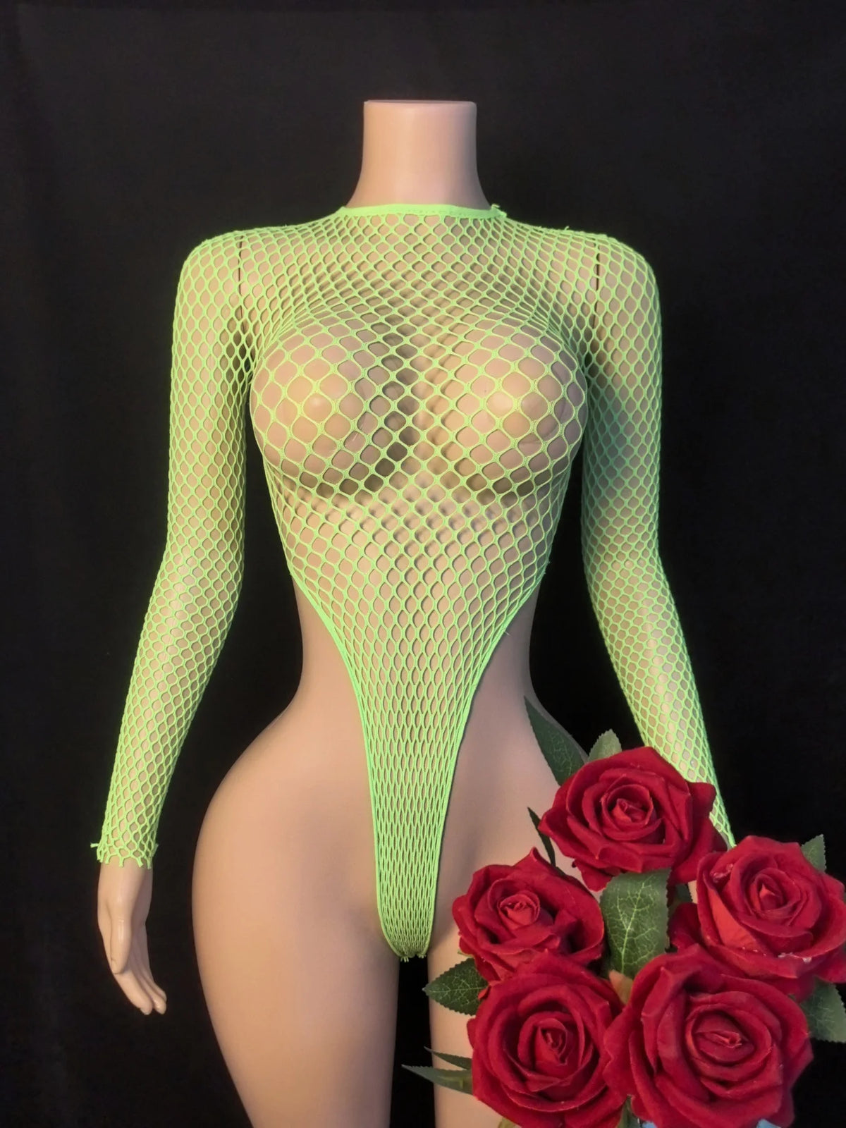 Women Fishnet High Cut Long Sleeve Bodysuit