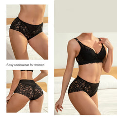 Black lace lingerie set for women, featuring a matching bra and high-waisted briefs, shown on a model in a bedroom setting with additional close-up views.