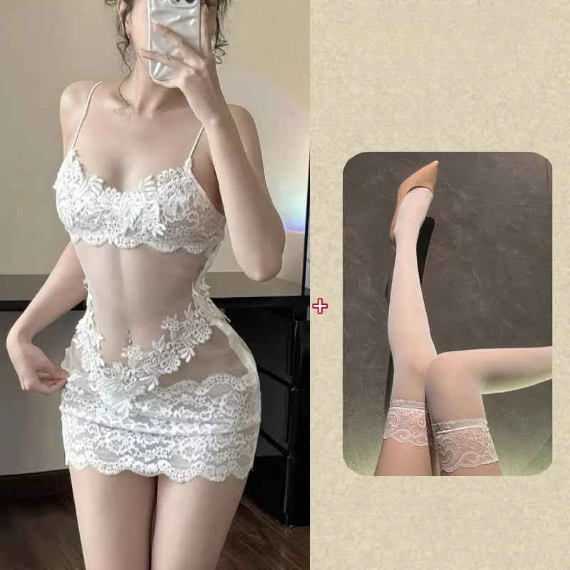 Woman wearing a white lace lingerie set with a close-up of lace stockings.