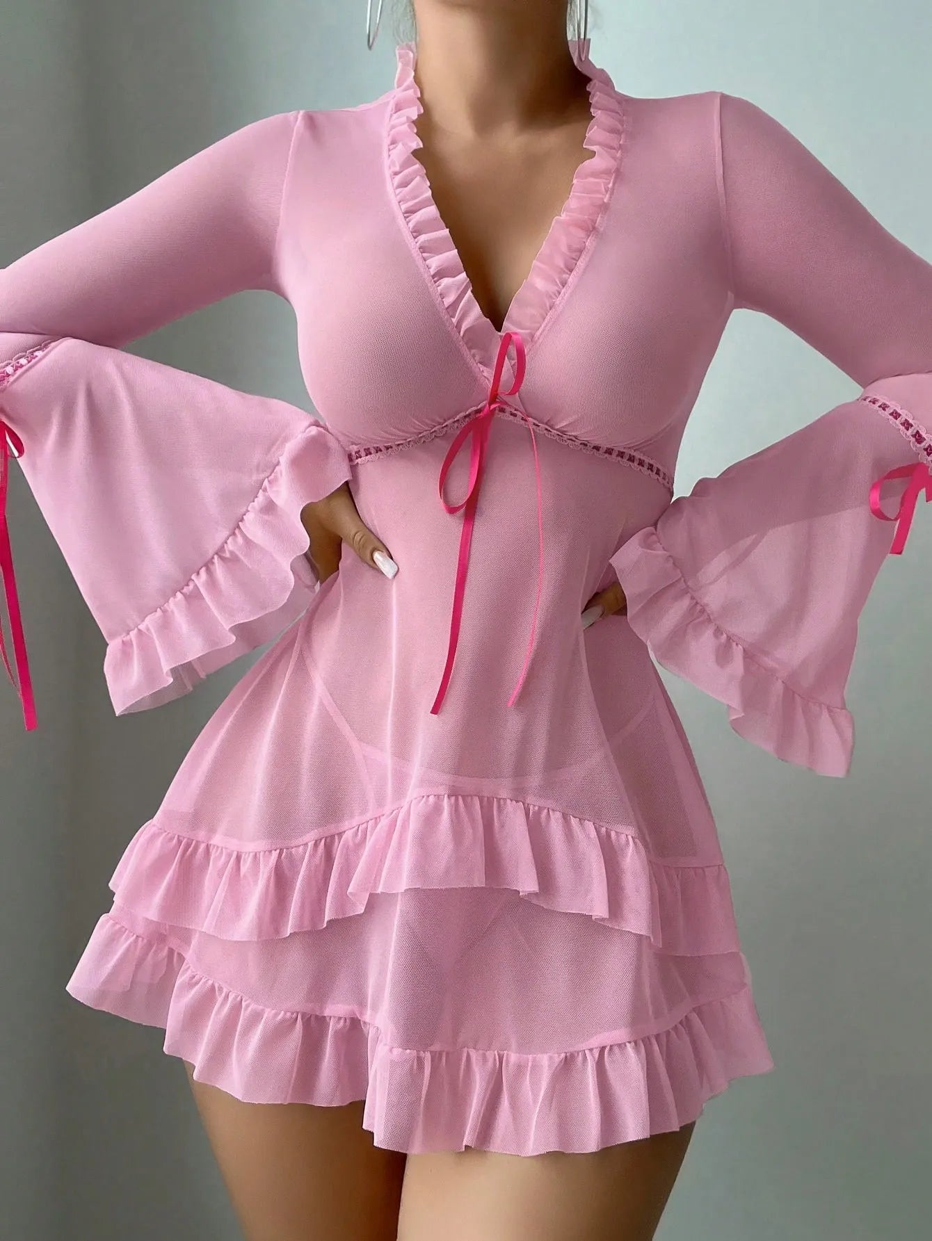 Sexy Ruffle Lace Dress – Deep V-Neck, Flare Sleeves, Sheer Elegance