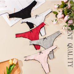 Four pairs of women's underwear in black, white, red, and gray on a beige surface with flowers and text 'Excellent Quality'.