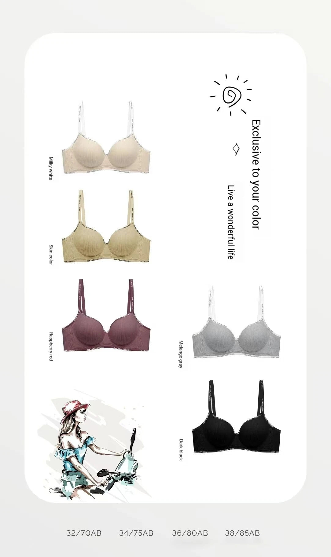 Collection of bras in various colors with size information on a white background.