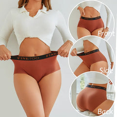 Person wearing brown underwear with 'FINEtoo' branding, showing front, side, and back views.