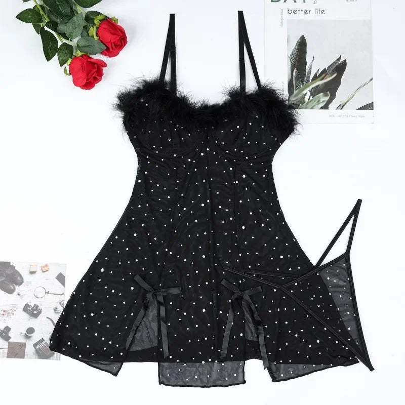Sexy Crystal Feather Slit Mesh Dress for Women
