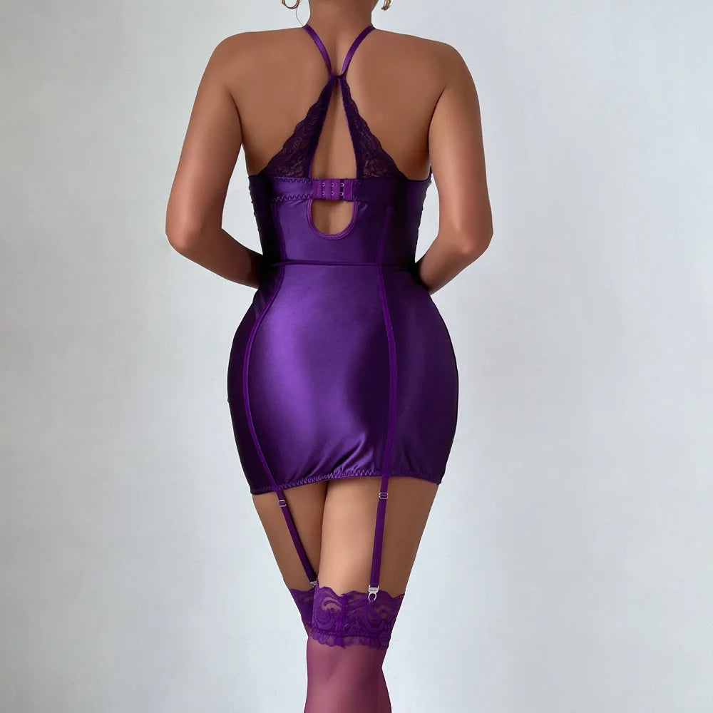 Strapless Lace Sheer Nightdress with Garter Belt