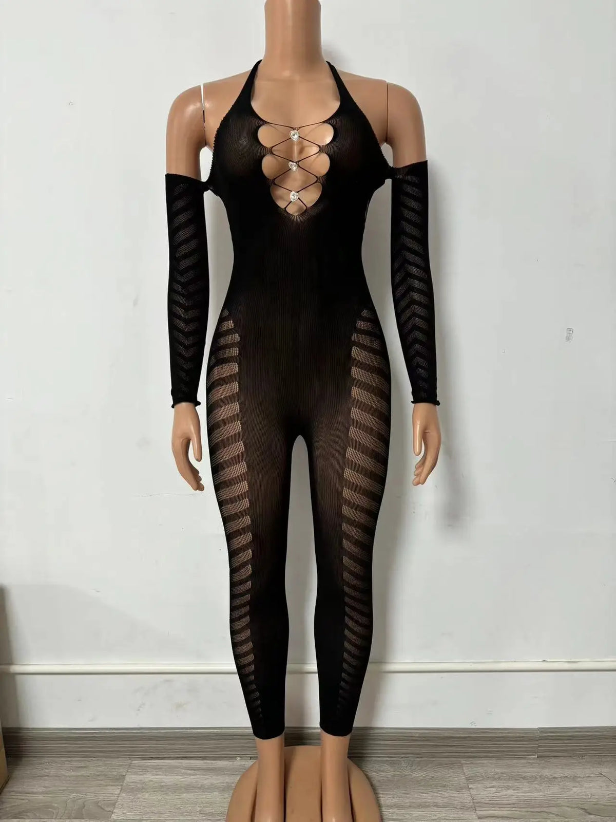 Black Mesh Panel Long Sleeve Bodysuit