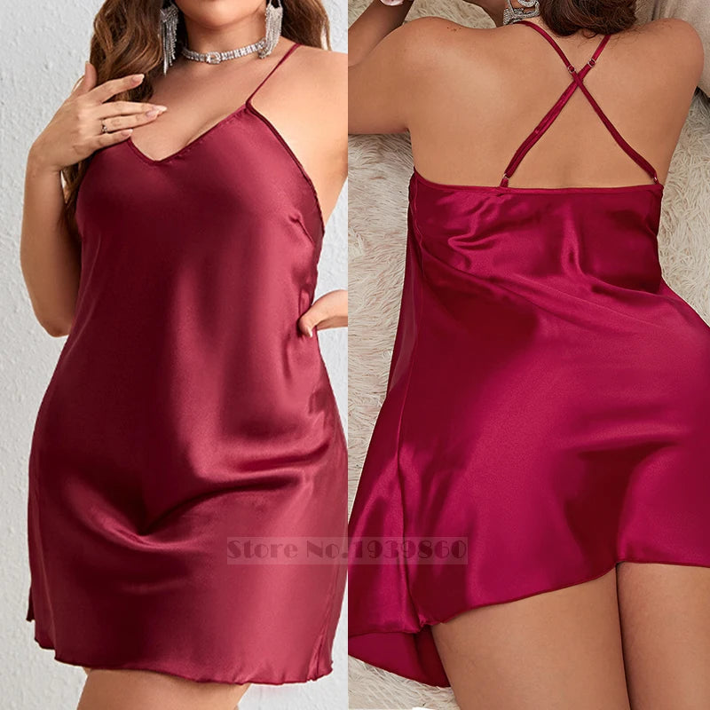 Maroon satin nightgown shown from front and back on a person.