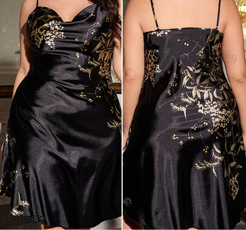 Black satin dress with floral embroidery on a person, shown from front and back views.