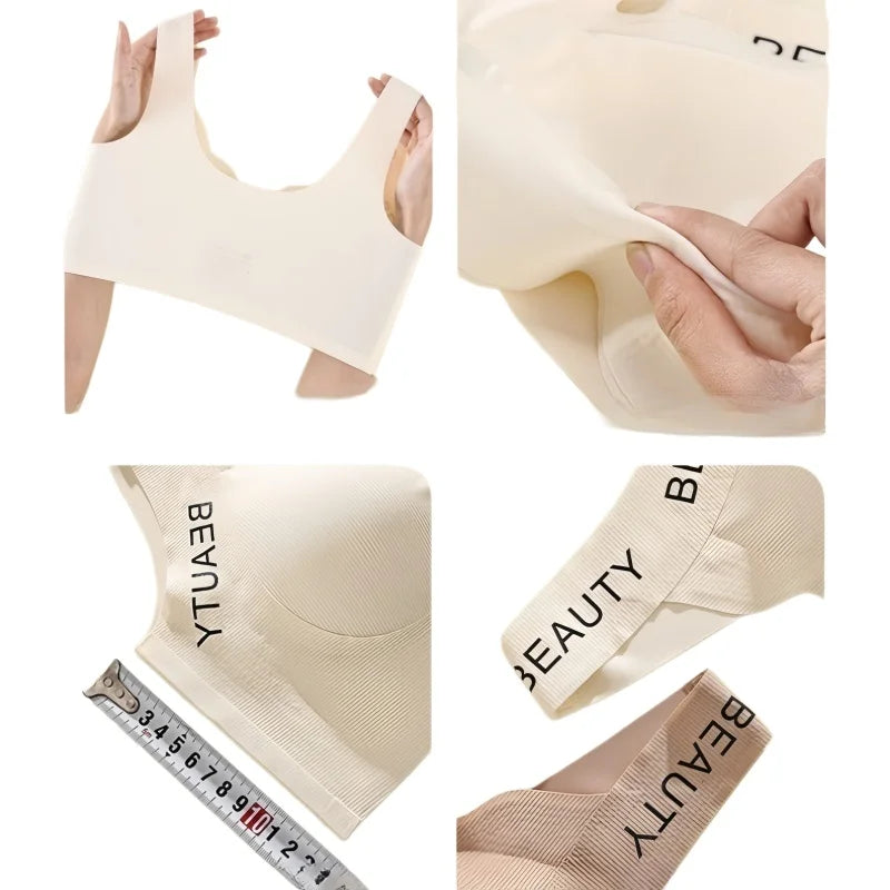 Collage of a beige compression garment with 'BEAUTY' text, being stretched and shown with a measuring tape.