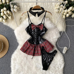 Lace-Up Backless PU Leather Night Dress + Thong