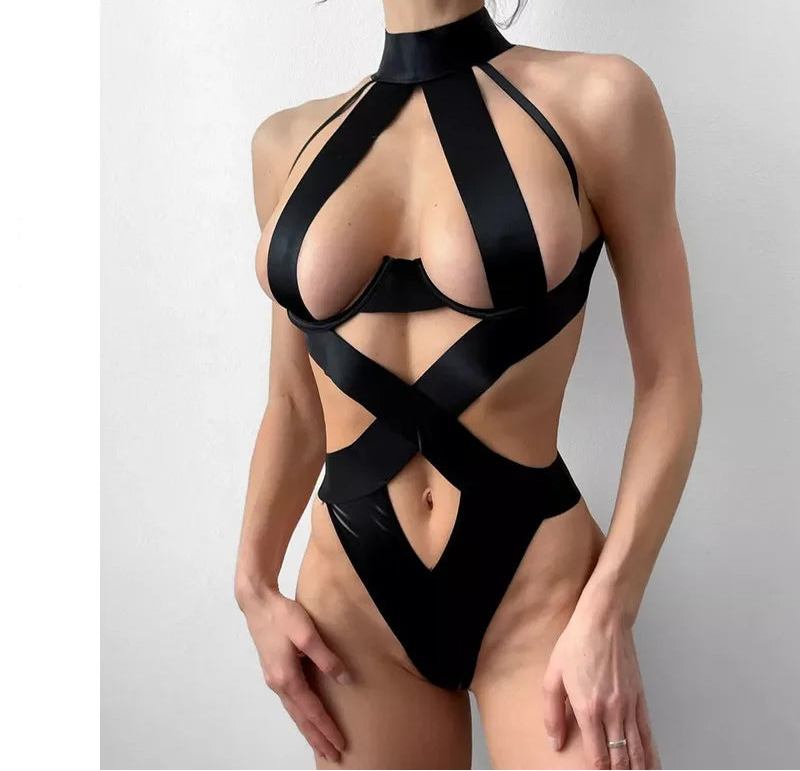 Black swimsuit with criss-cross design on a white background,  featuring the brand 'TOUCHEART'.