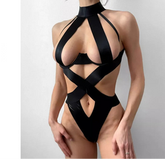 Black swimsuit with criss-cross design on a white background,  featuring the brand 'TOUCHEART'.