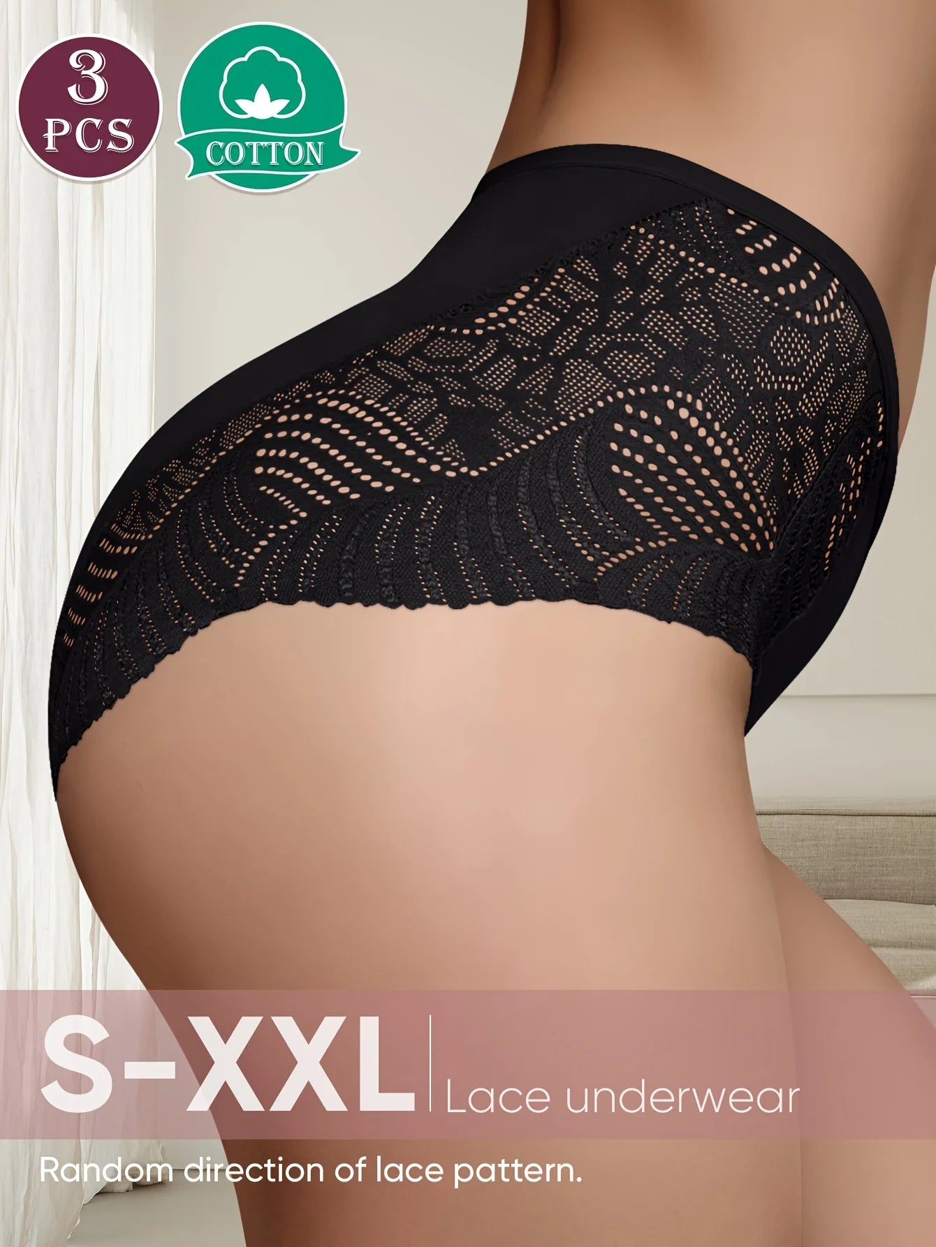 Black lace underwear with '3 PCS' and 'Cotton' labels on a neutral background