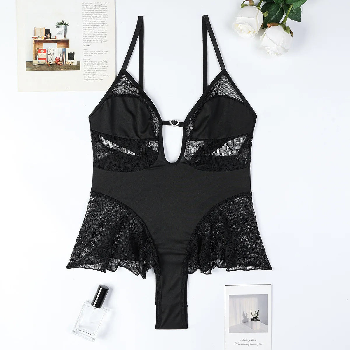 Sexy Lace Bodysuit – See-Through Ruffled Babydoll Lingerie