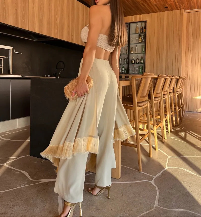 Trendy Tassel Pants Set – Off-Shoulder Halter Top & High-Waist Bottom