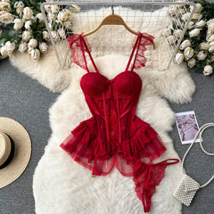 Lace Sensual Mesh Camis & Ruffled Underwear Set for Women