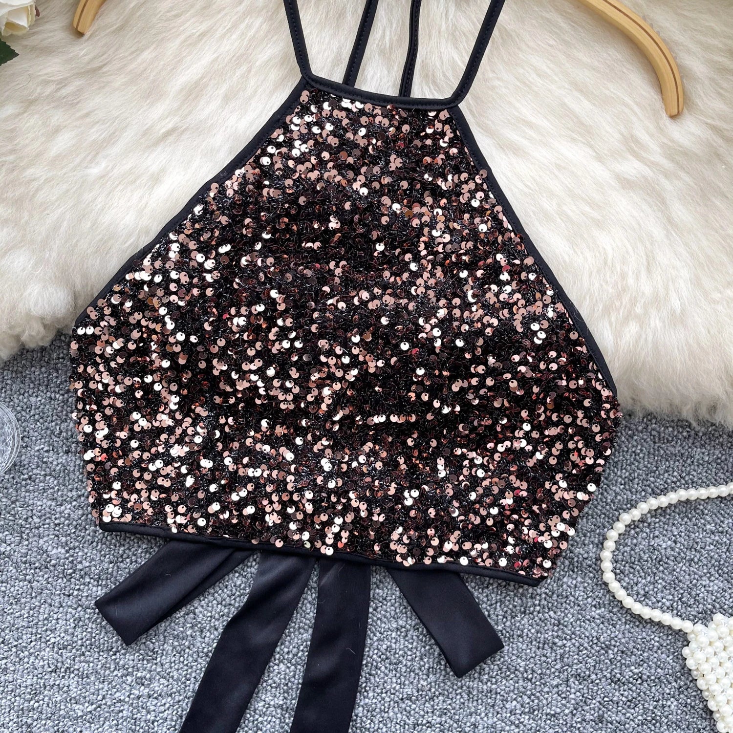Shiny Sequined Halter Neck Top for Women