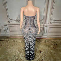 Luxurious Rhinestone Chain Mesh Backless Evening Dress