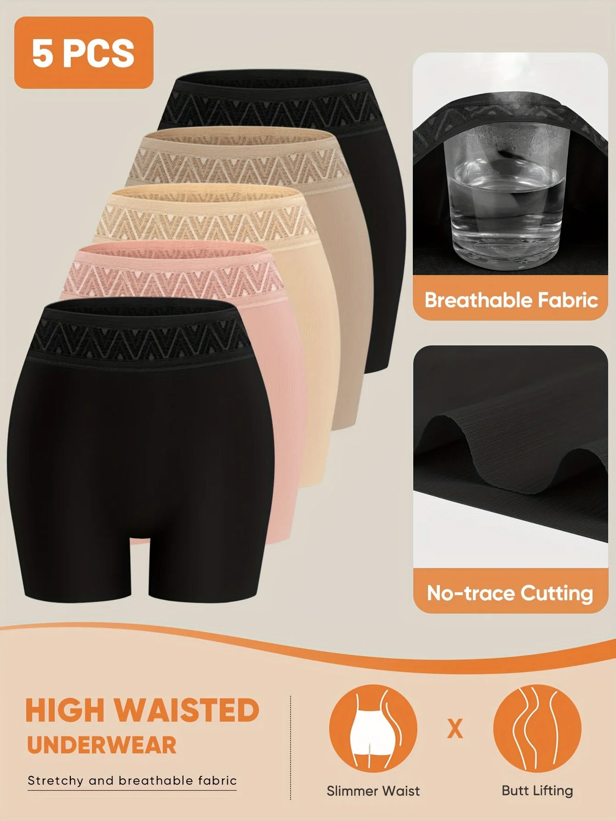 High waisted underwear with breathable fabric and no trace cutting features on a beige background.